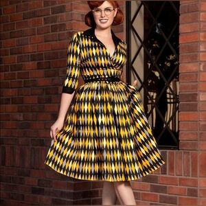 NWT Pinup Couture Yellow Black Harlequin Retro Swing Dress. Sz.S